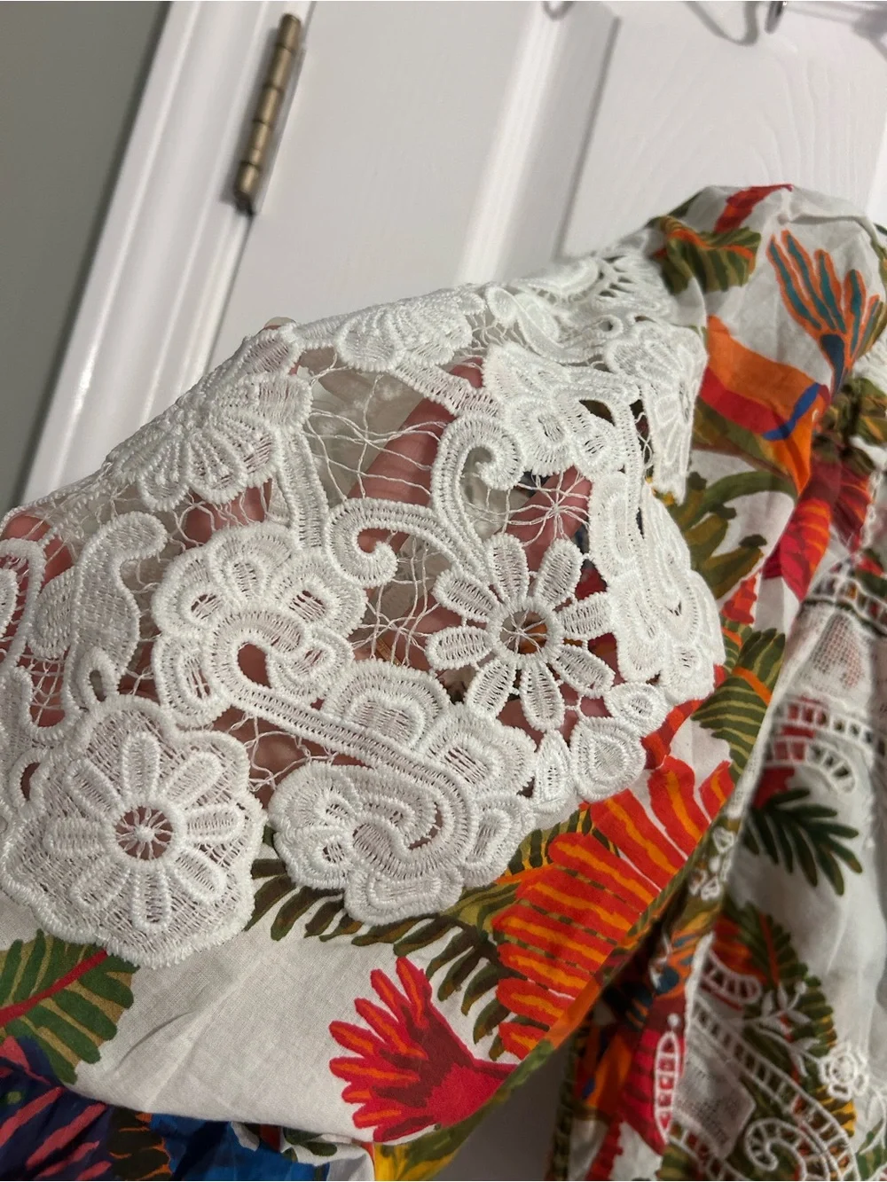 Farm Rio Tropical Floral Lace-Trim Puff Sleeve Crop Top - White/Multi - Picture 2 of 5